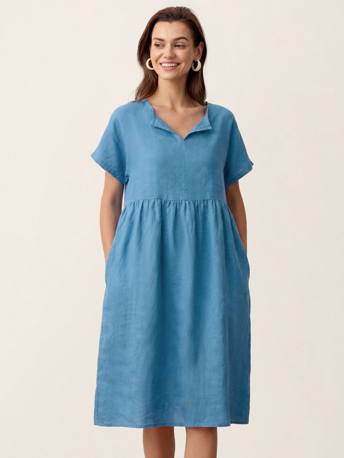 Linen Side-Pocket Short Sleeve Mini Dress