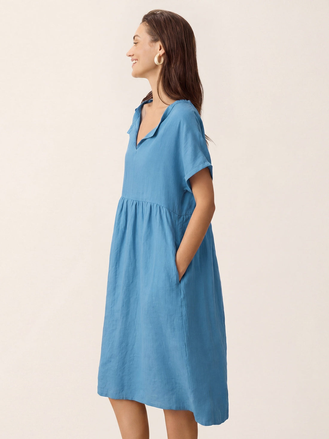 Linen Side-Pocket Short Sleeve Mini Dress