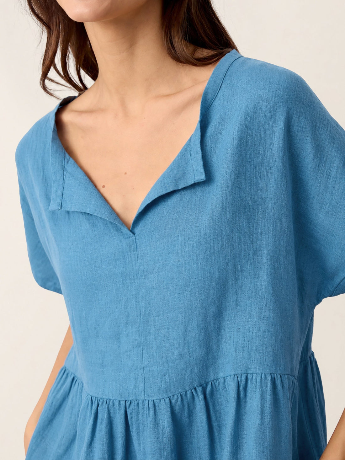 Linen Side-Pocket Short Sleeve Mini Dress