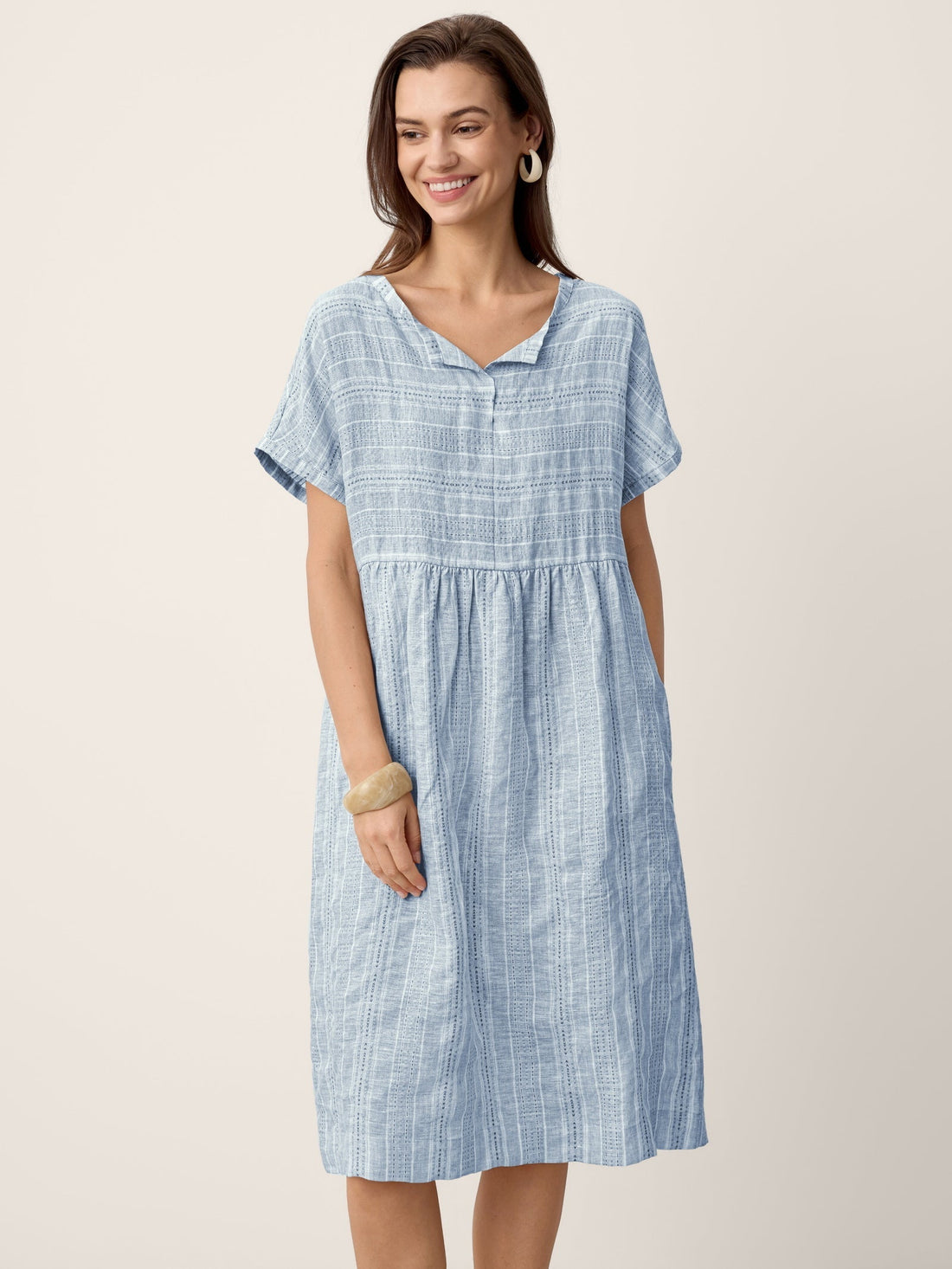 Linen Side-Pocket Short Sleeve Mini Dress