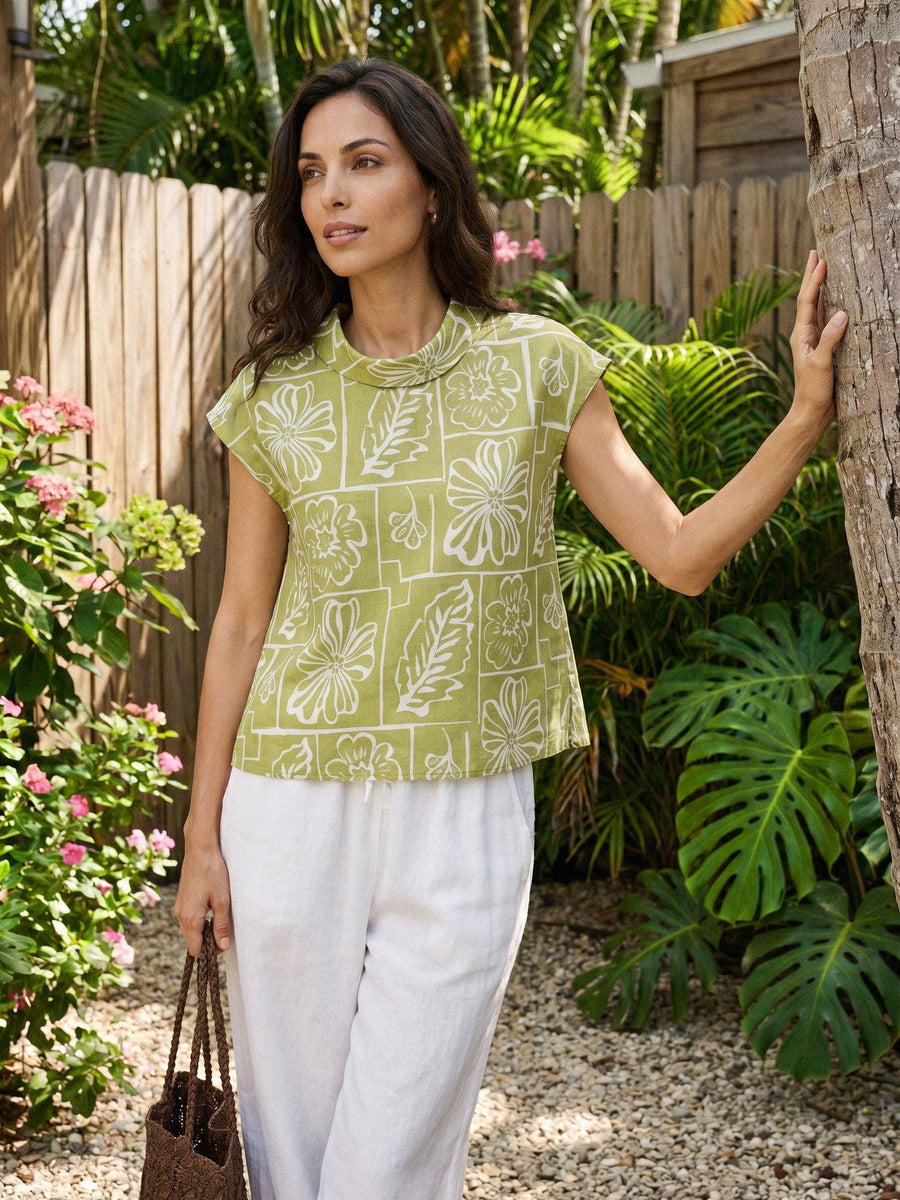 Linen Blend Floral Stand Collar Cap-Sleeve Top