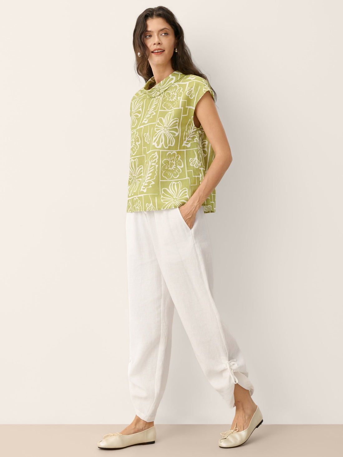 Linen Blend Floral Stand Collar Cap-Sleeve Top