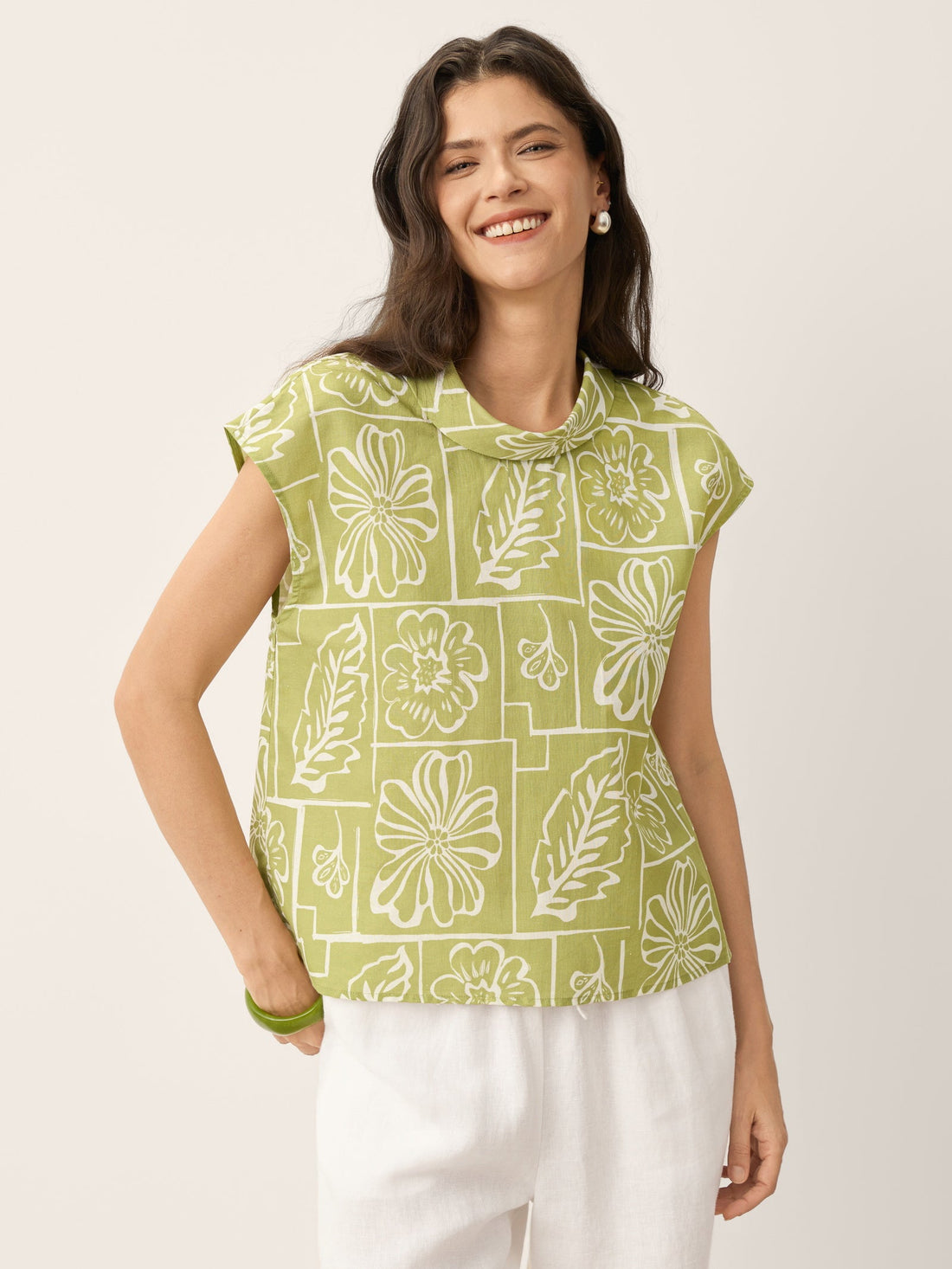 Linen Blend Floral Stand Collar Cap-Sleeve Top