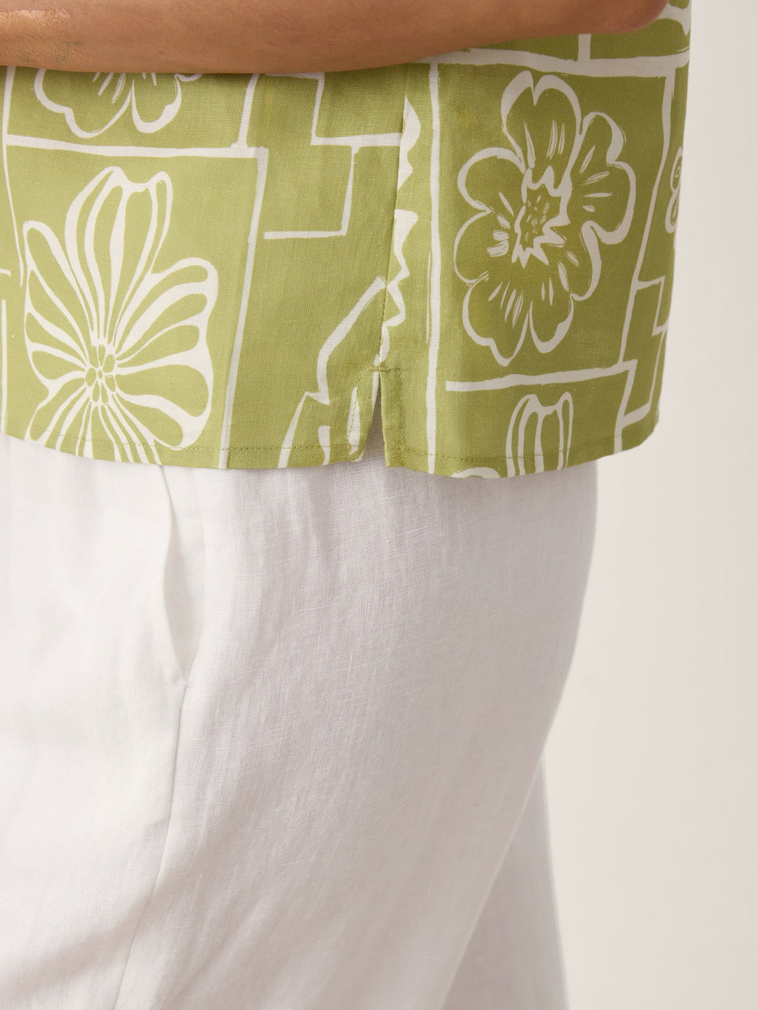 Linen Blend Floral Stand Collar Cap-Sleeve Top