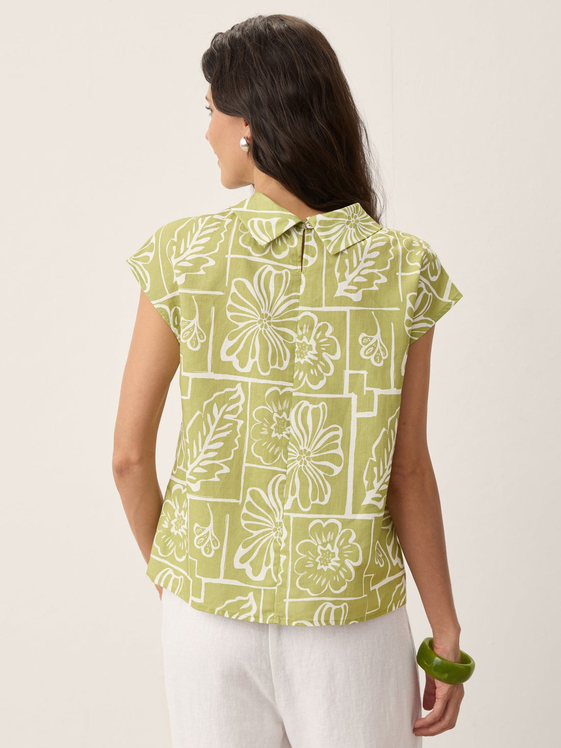 Linen Blend Floral Stand Collar Cap-Sleeve Top