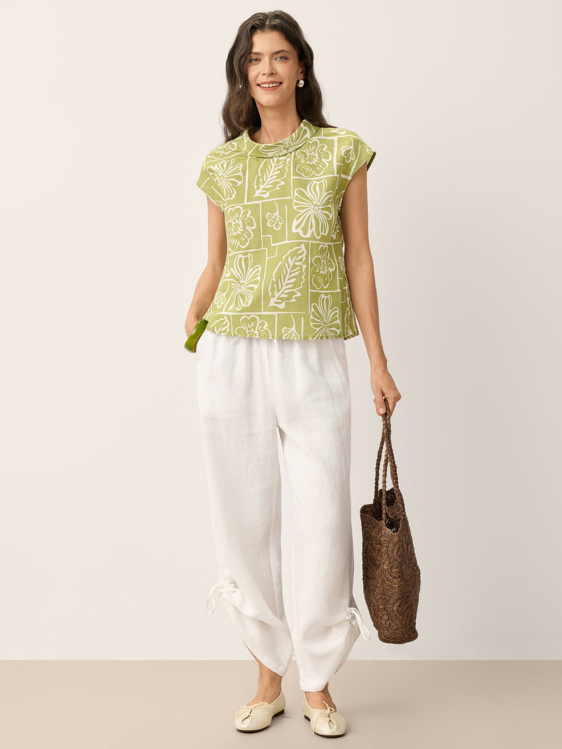 Linen Blend Floral Stand Collar Cap-Sleeve Top