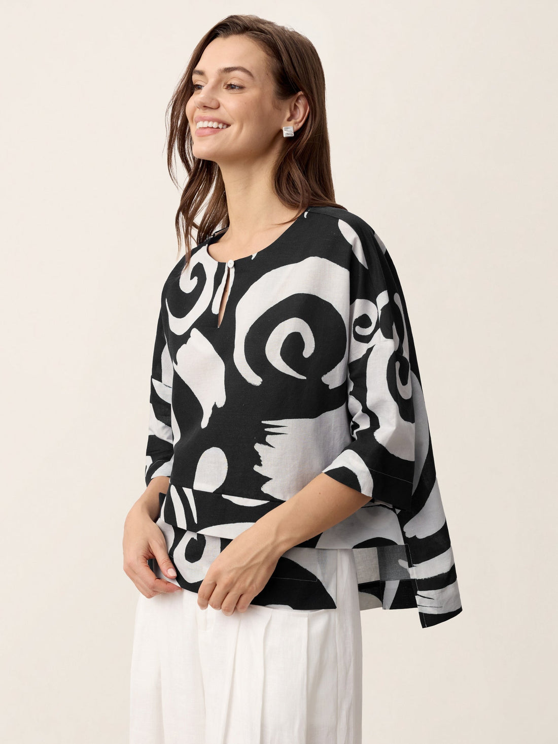 Linen Blend Round Neck Relaxed Top