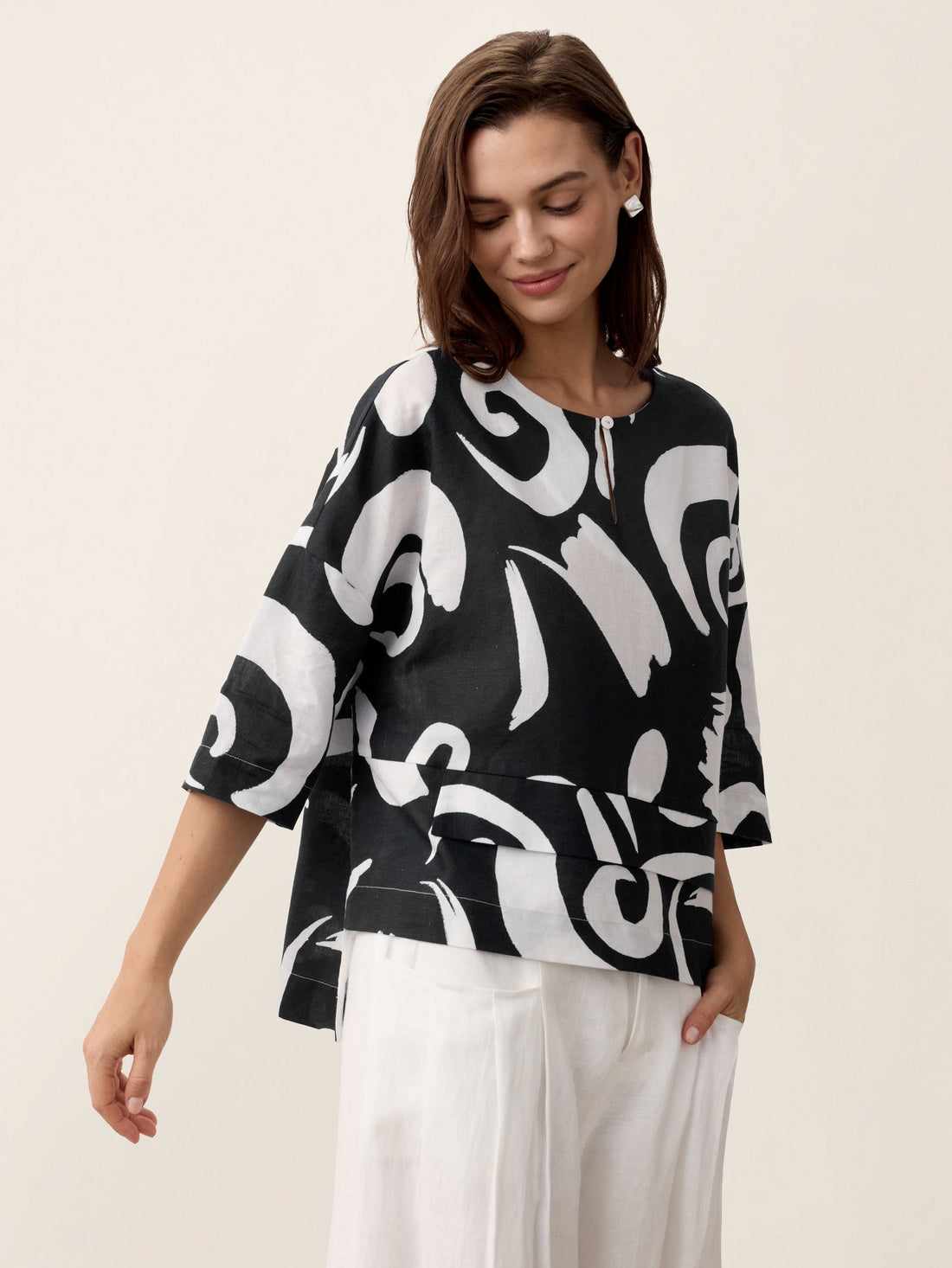 Linen Blend Round Neck Relaxed Top