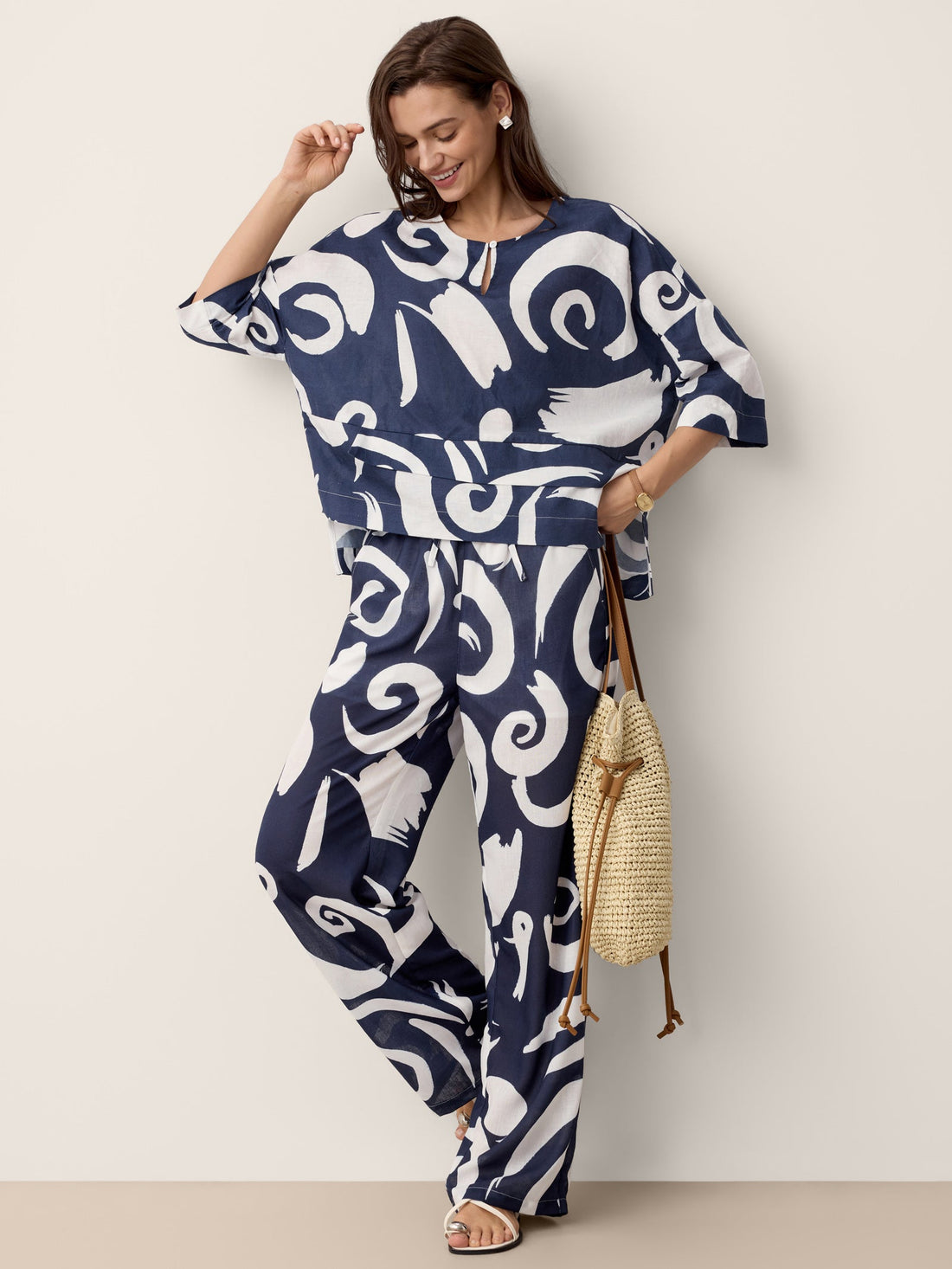 Linen Blend Round Neck Relaxed Top