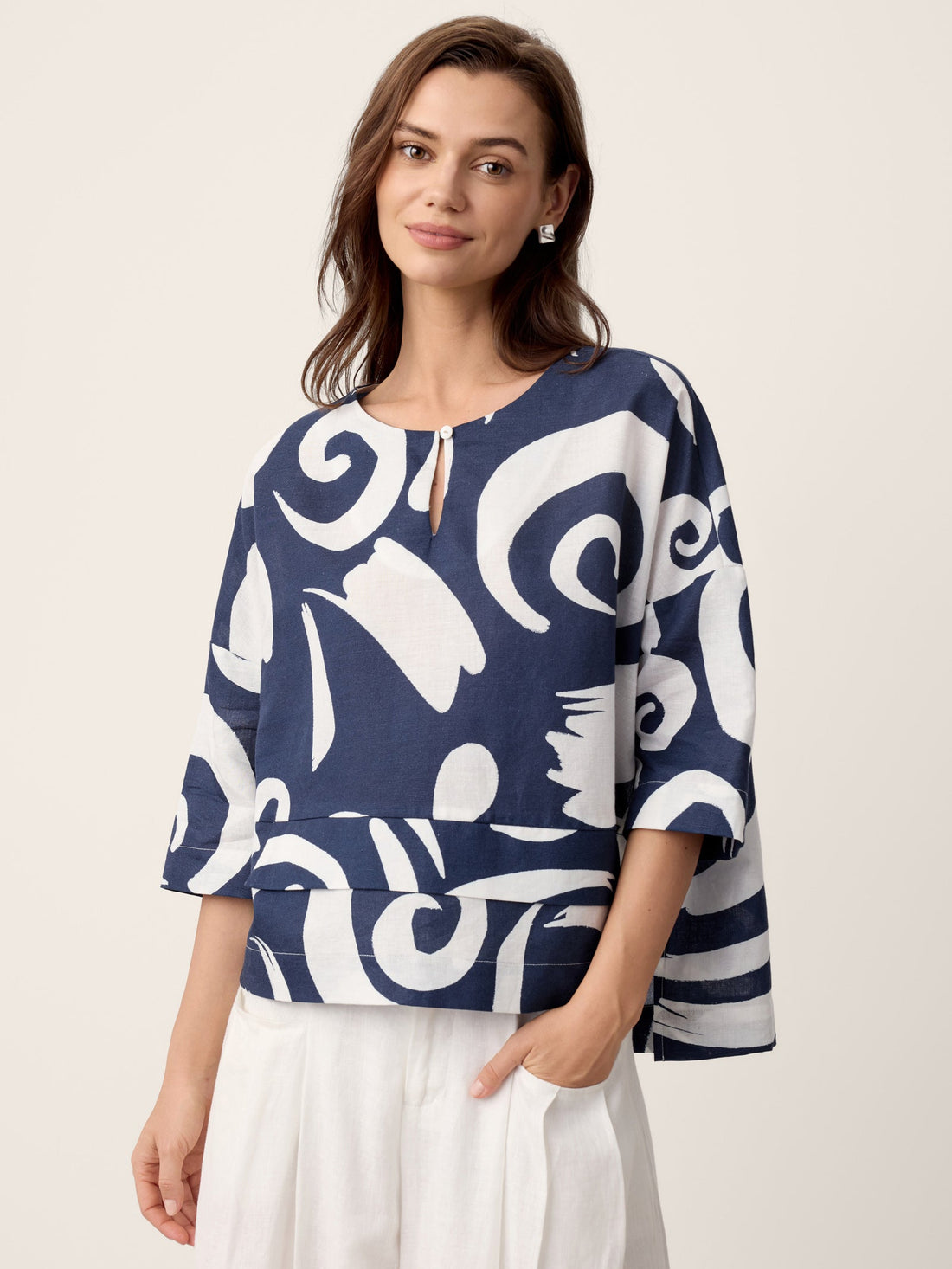 Linen Blend Round Neck Relaxed Top