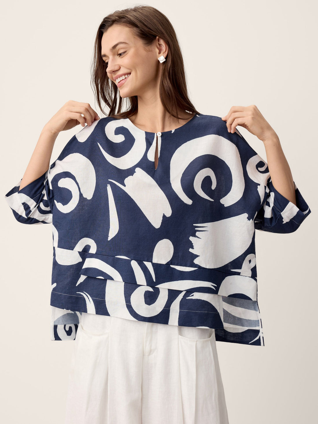 Linen Blend Round Neck Relaxed Top