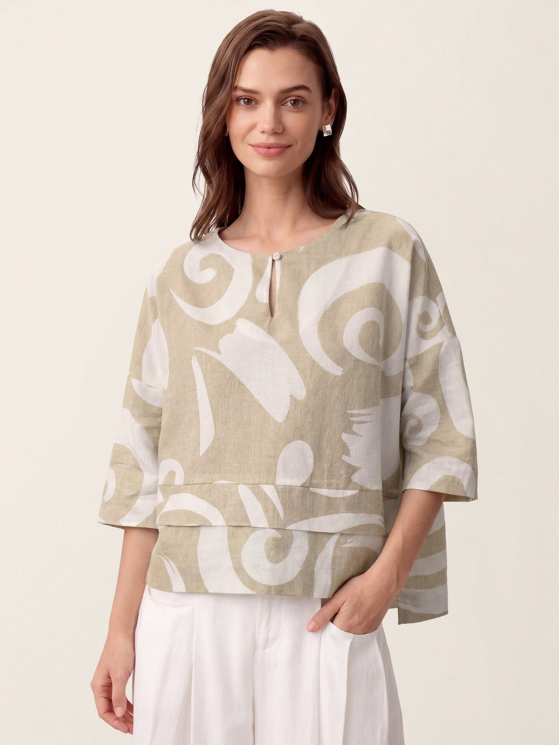 Linen Blend Round Neck Relaxed Top