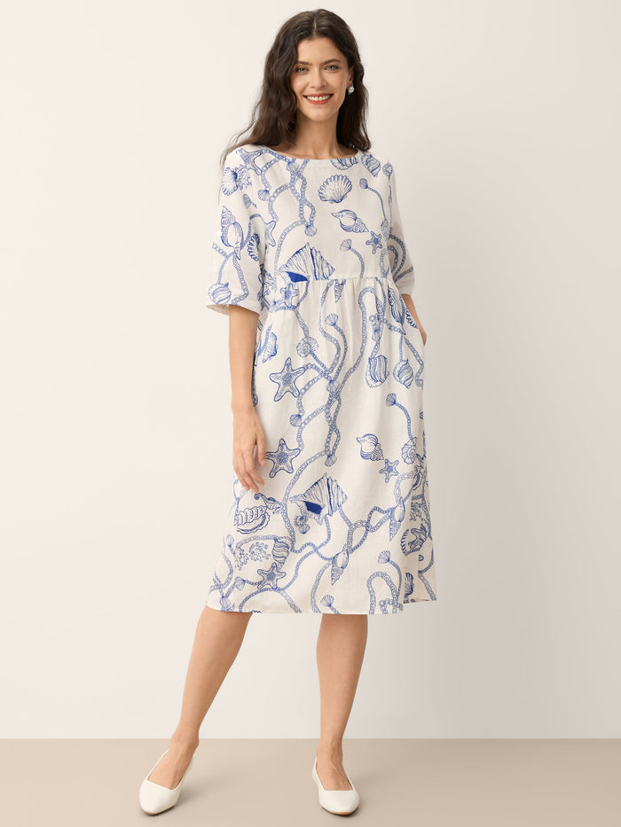 Linen Blend Printed Boat Neck Midi Dress