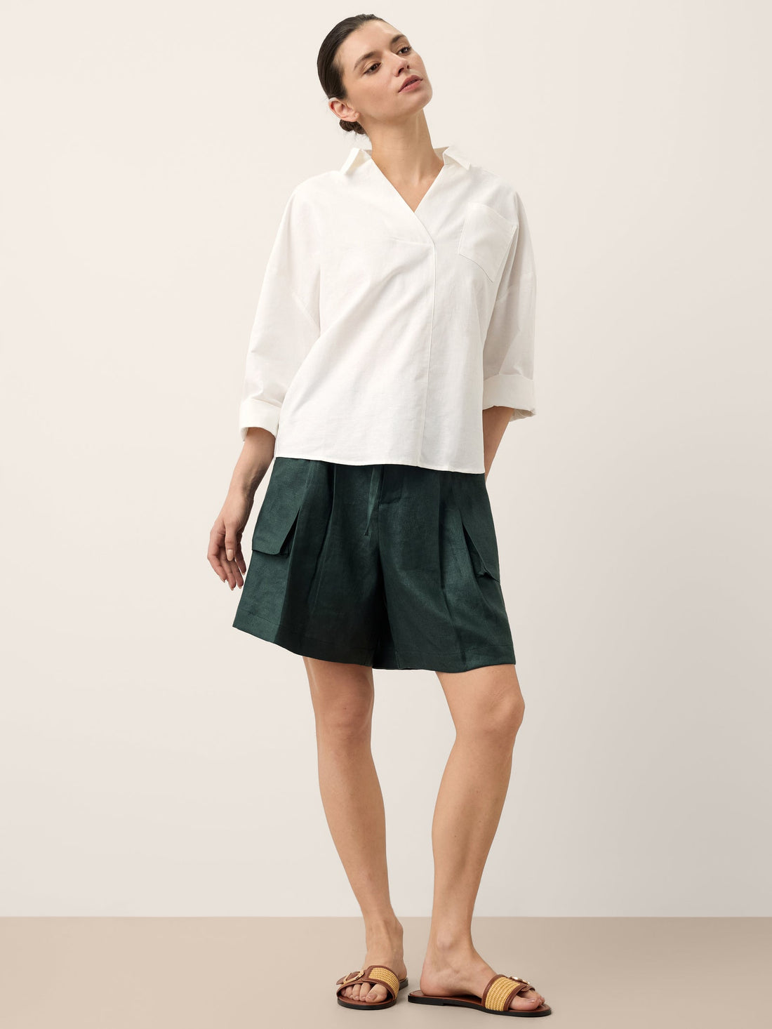 Linen Blend Relaxed Shirt Collar Shirt