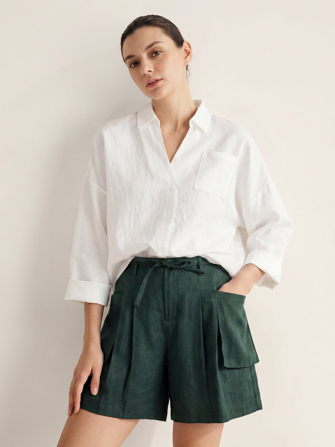 Linen Blend Relaxed Shirt Collar Shirt