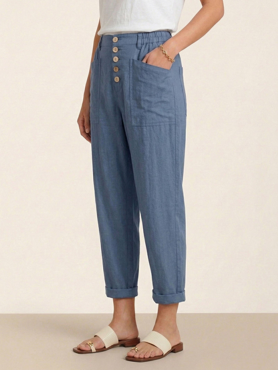 Linen Blend Patch-Pocket Straight-Leg Trousers