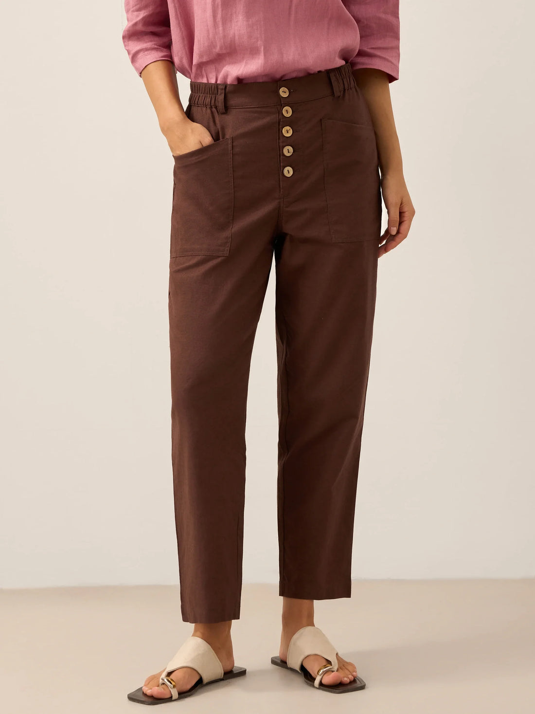 Linen Blend Patch-Pocket Straight-Leg Trousers