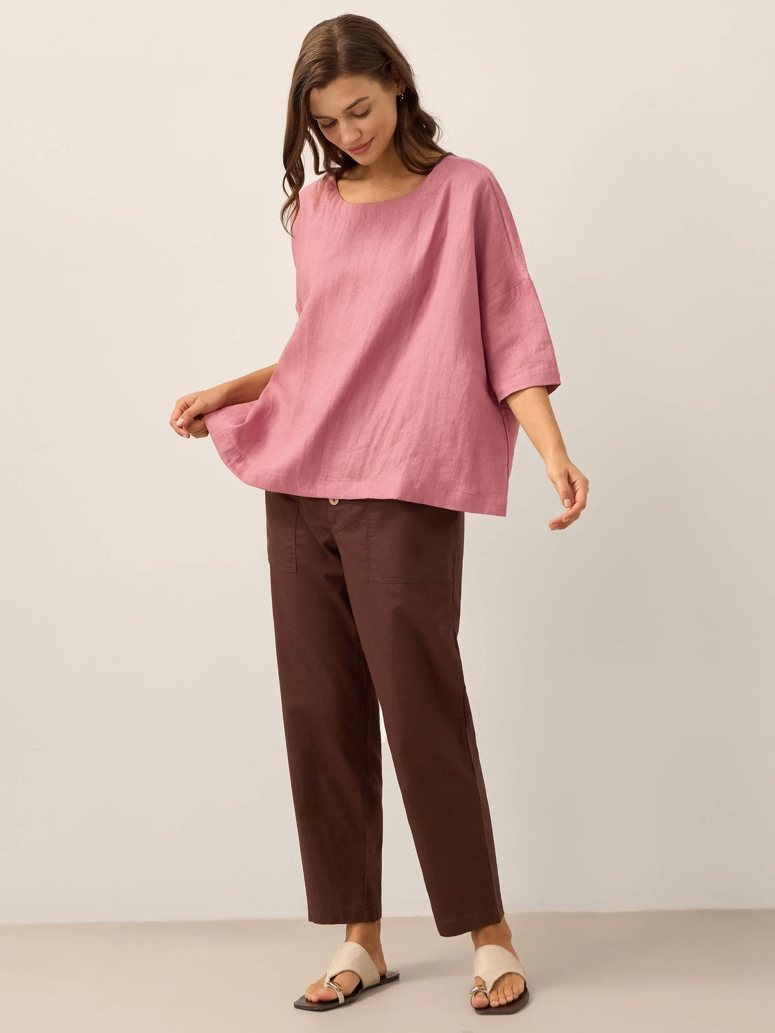 Linen Blend Patch-Pocket Straight-Leg Trousers