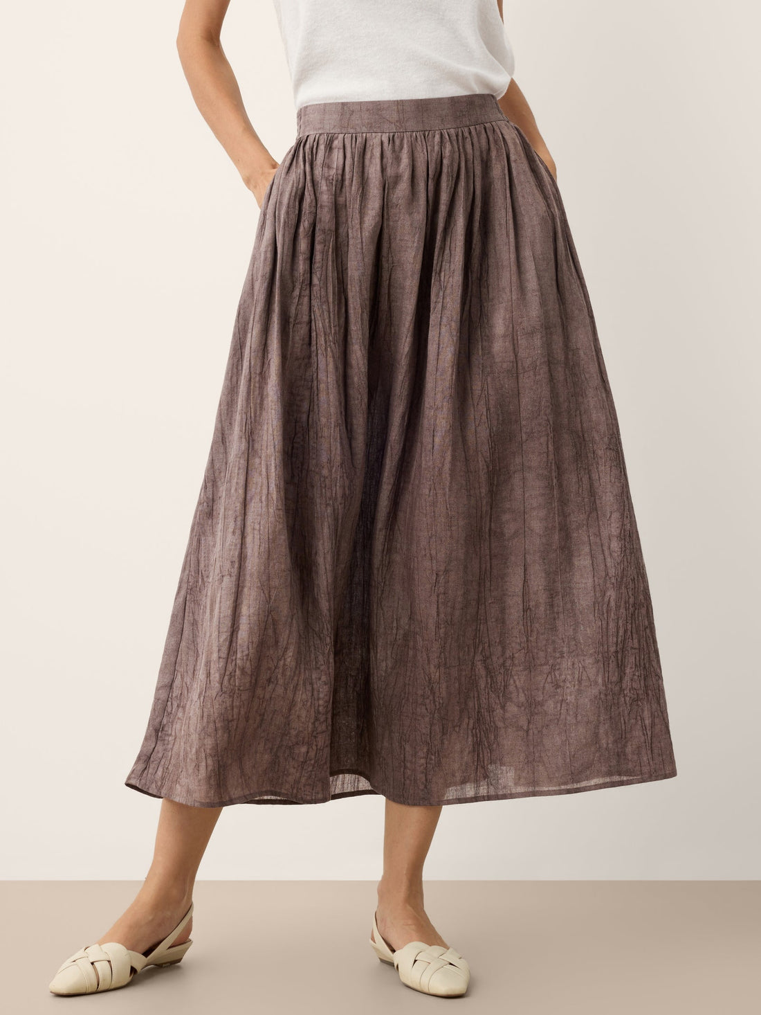 Ramie Lyocell Ruched Midi Skirt