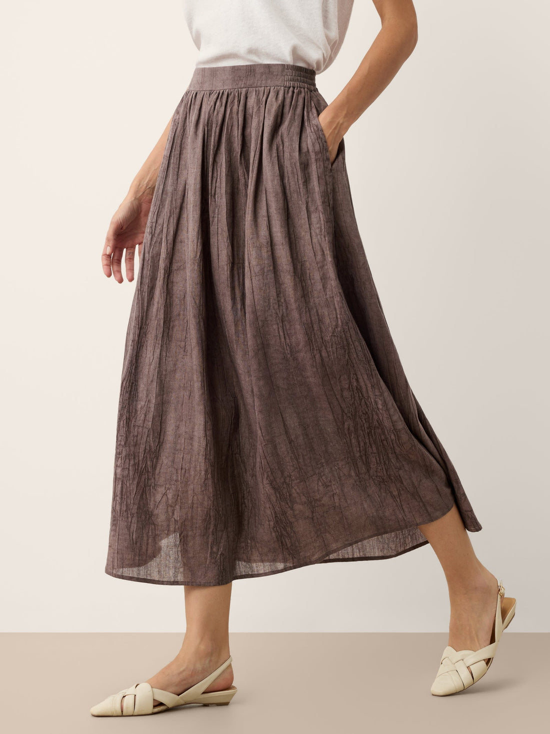 Ramie Lyocell Ruched Midi Skirt