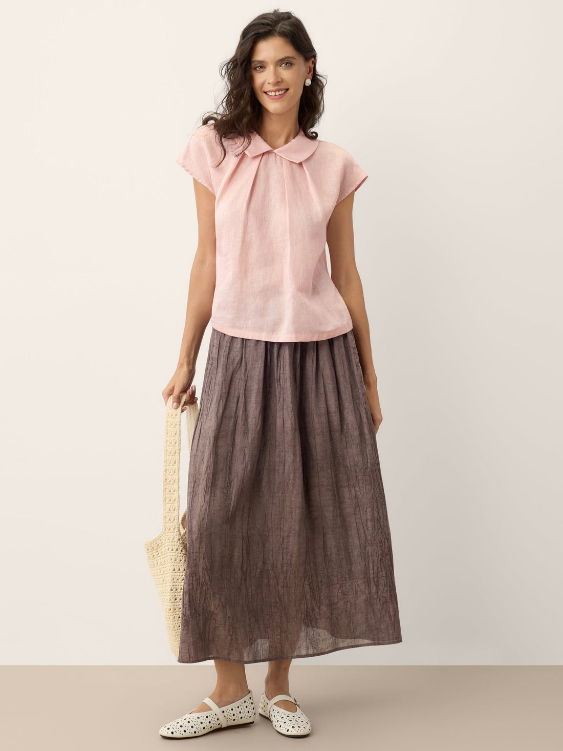 Ramie Lyocell Ruched Midi Skirt