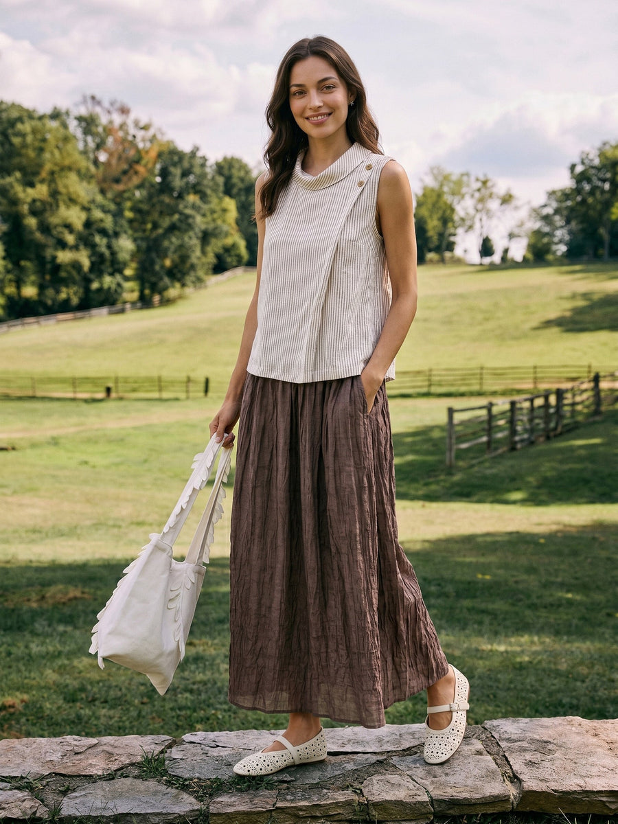 Ramie Lyocell Ruched Midi Skirt