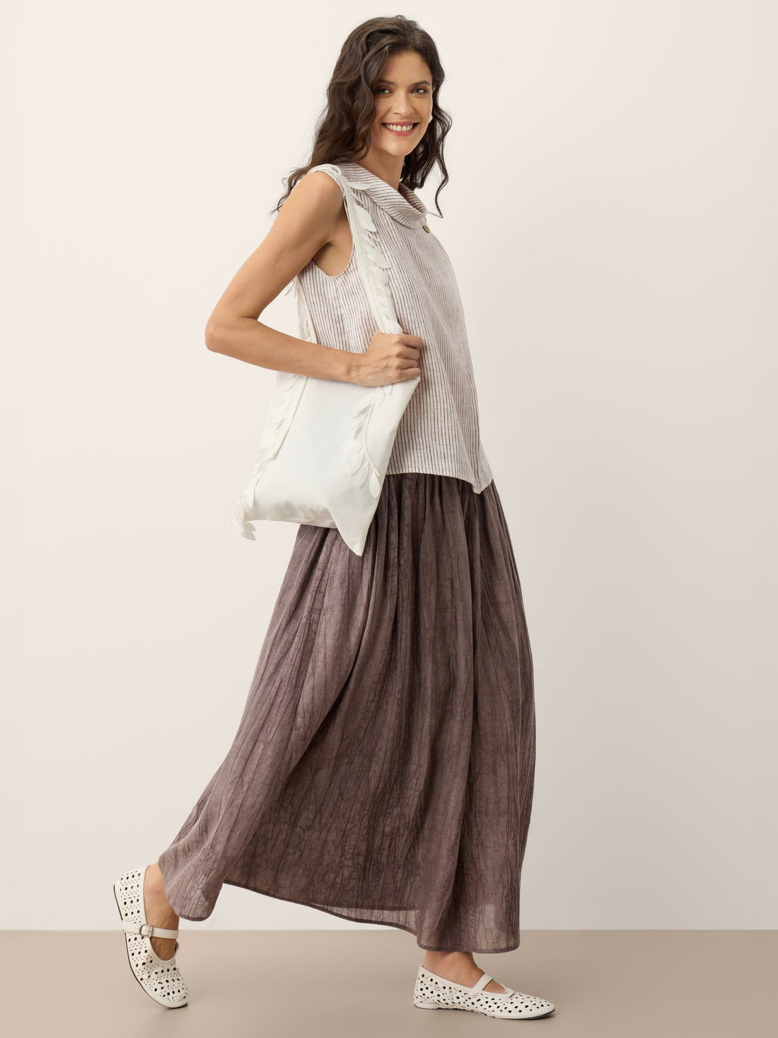 Ramie Lyocell Ruched Midi Skirt