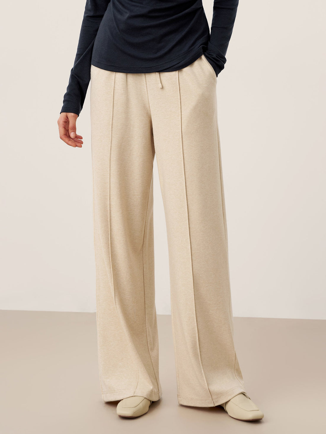 Wool Straight Leg Trousers with Elastic Waist