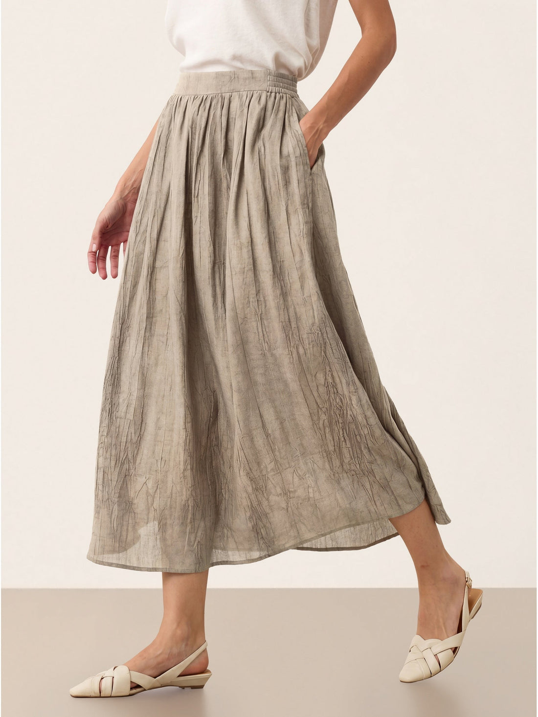 Ramie Lyocell Ruched Midi Skirt