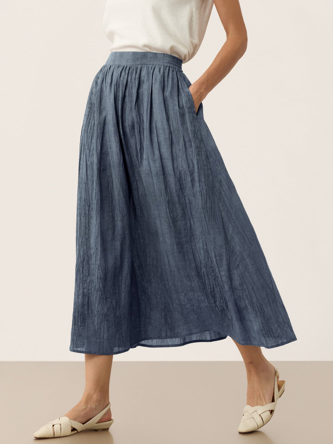 Ramie Lyocell Ruched Midi Skirt