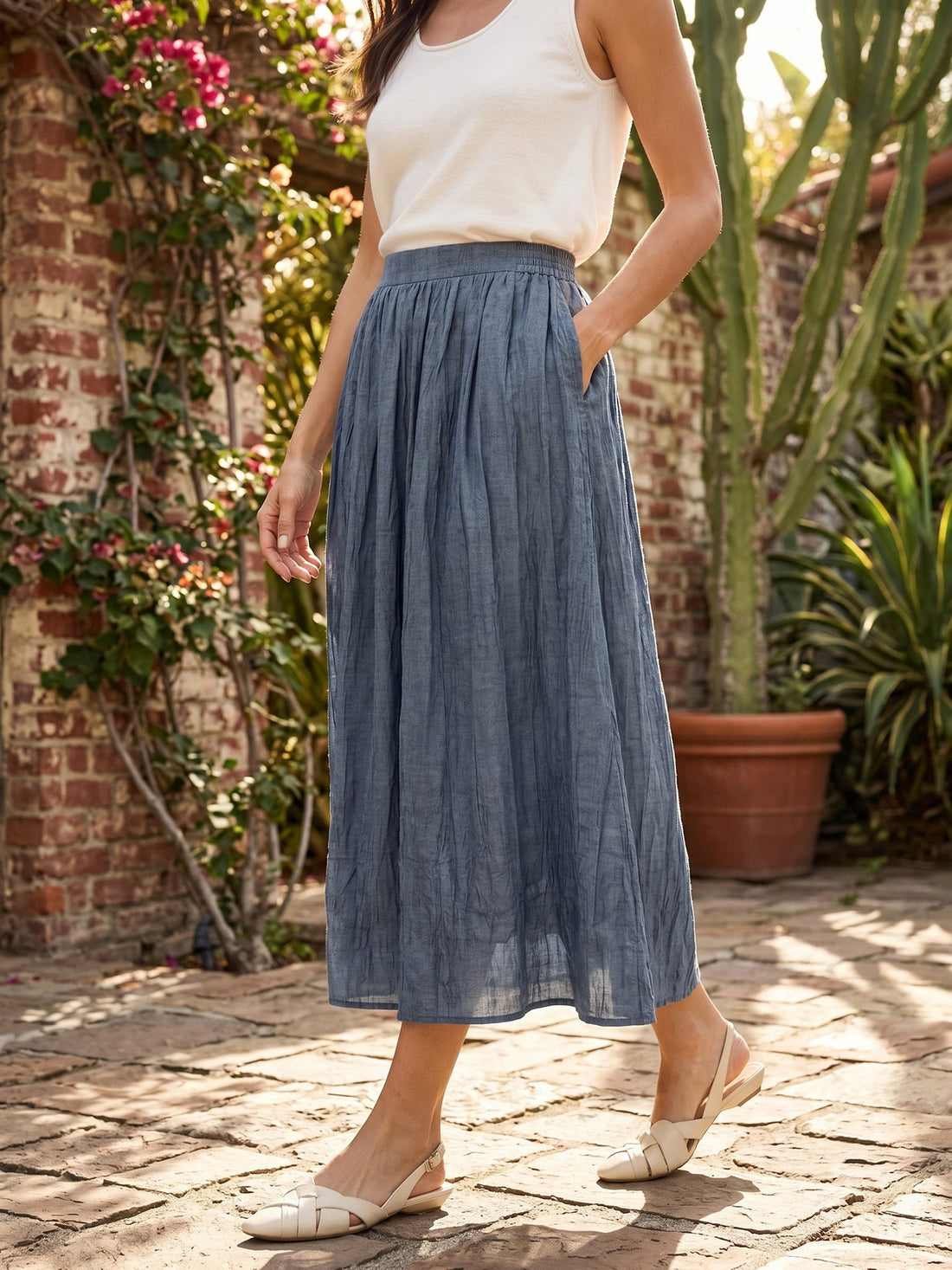 Ramie Lyocell Ruched Midi Skirt