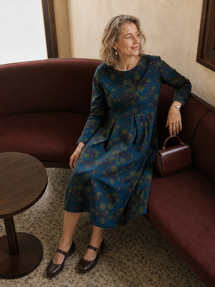 100% Cotton Pleated Long-Sleeve Midi Dress
