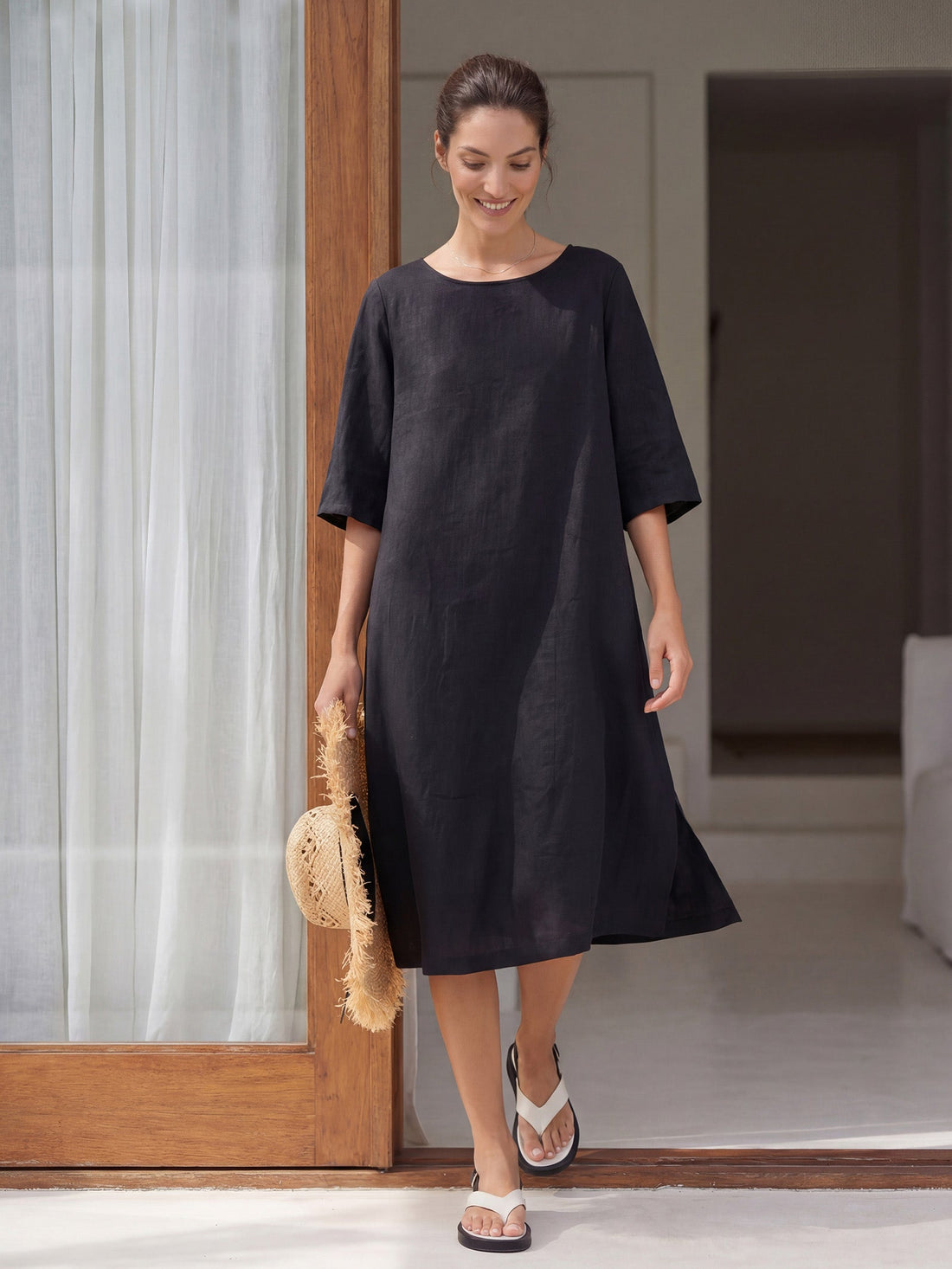 100% Linen Boat Neck Midi Dress