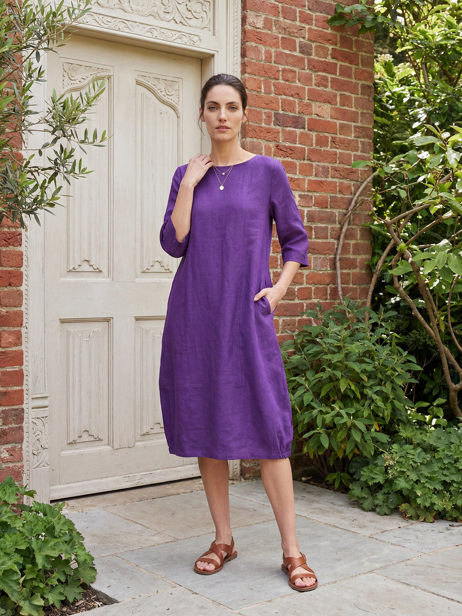 100% Linen Boat Neck Midi Dress