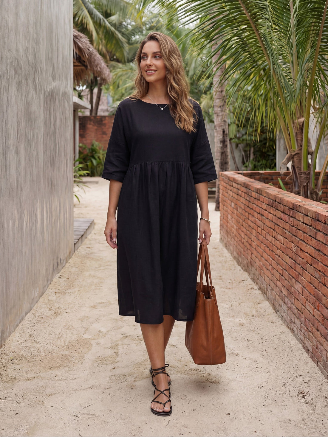 100% Linen Ruched Round-Neck Midi Dress