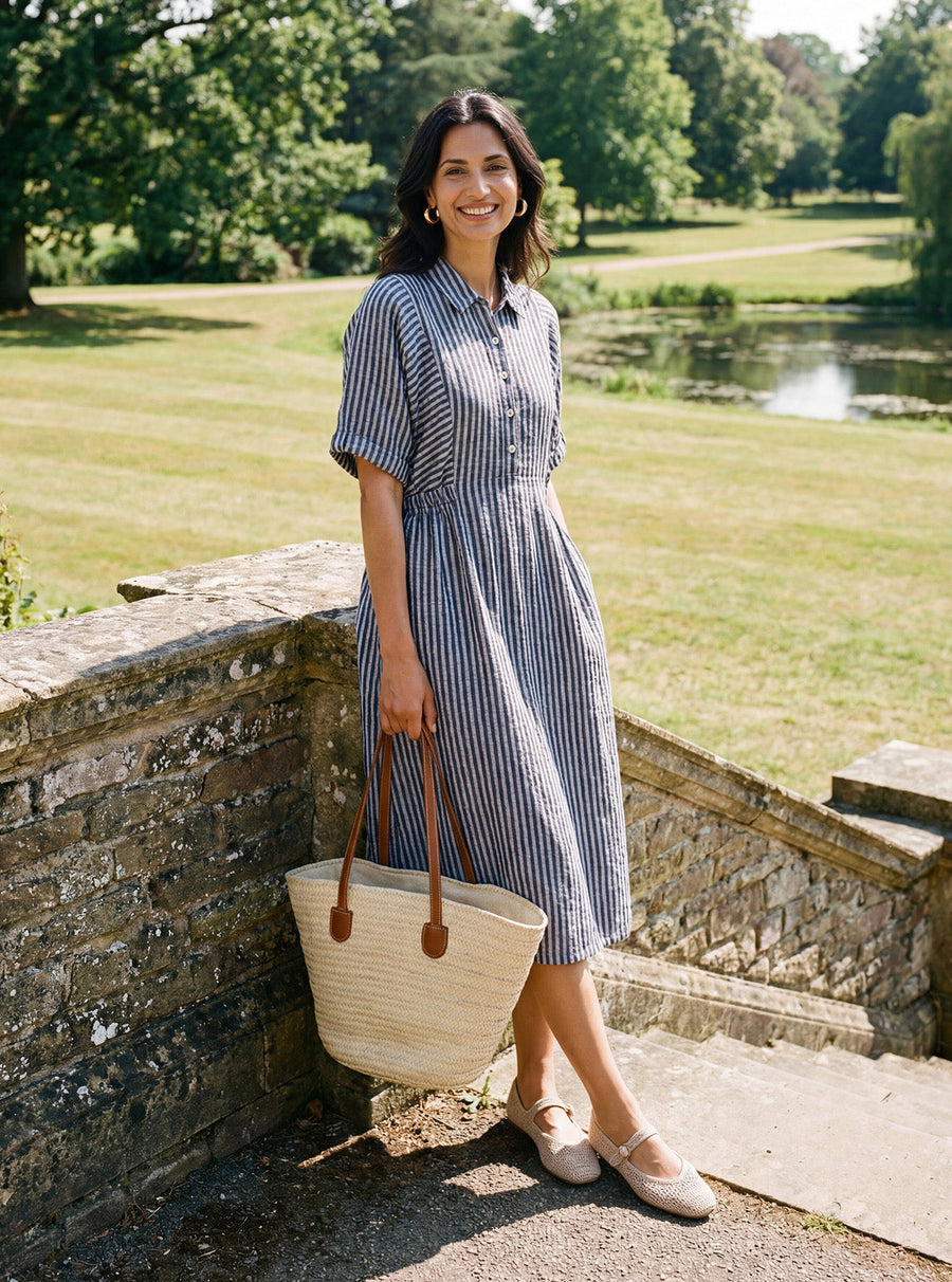 100% Linen Tailored Button-Front Midi Dress