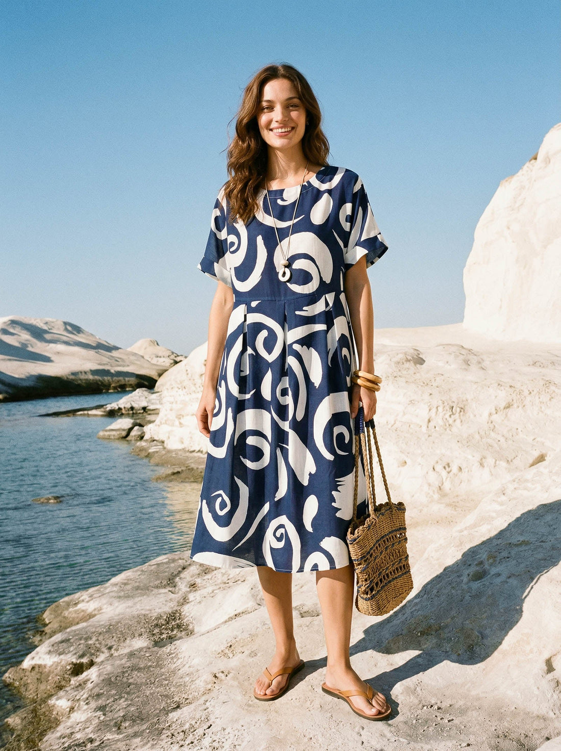 Linen Printed Straight Midi Dress