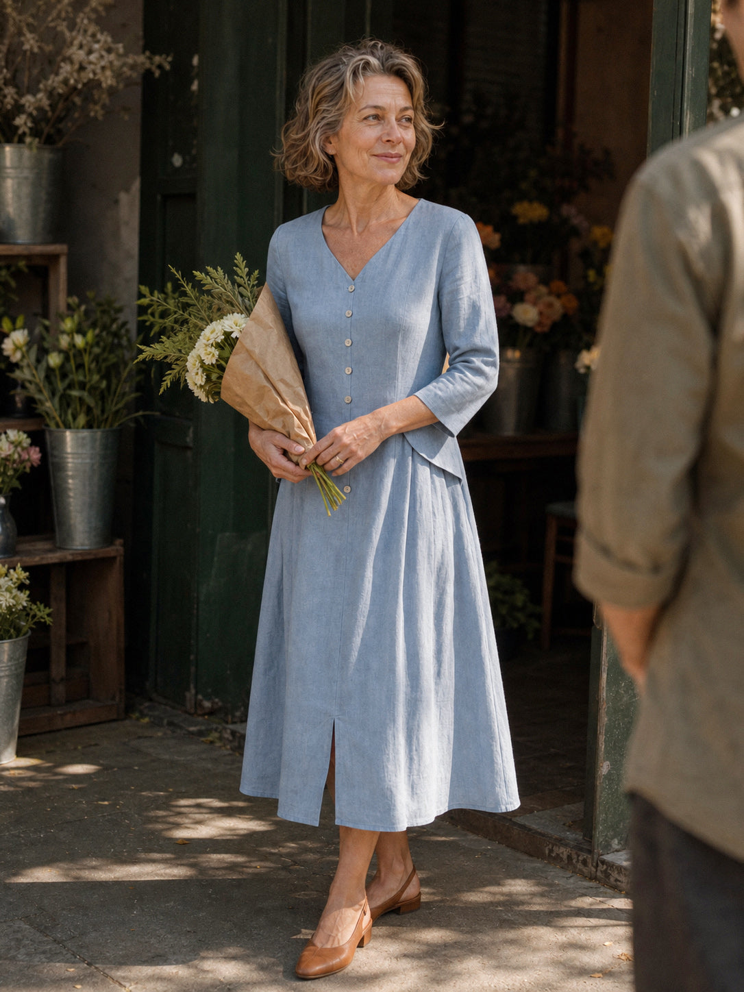 100% Linen Pleated Midi Dress with Hidden Pockets
