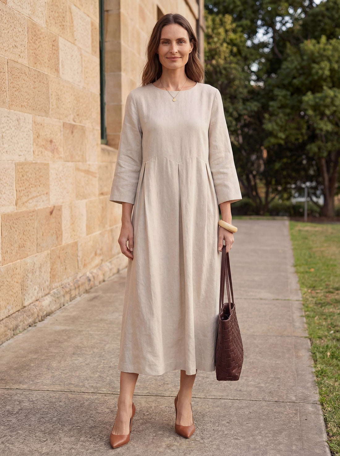 100% Linen Three-Quarter Sleeve Midi Dress