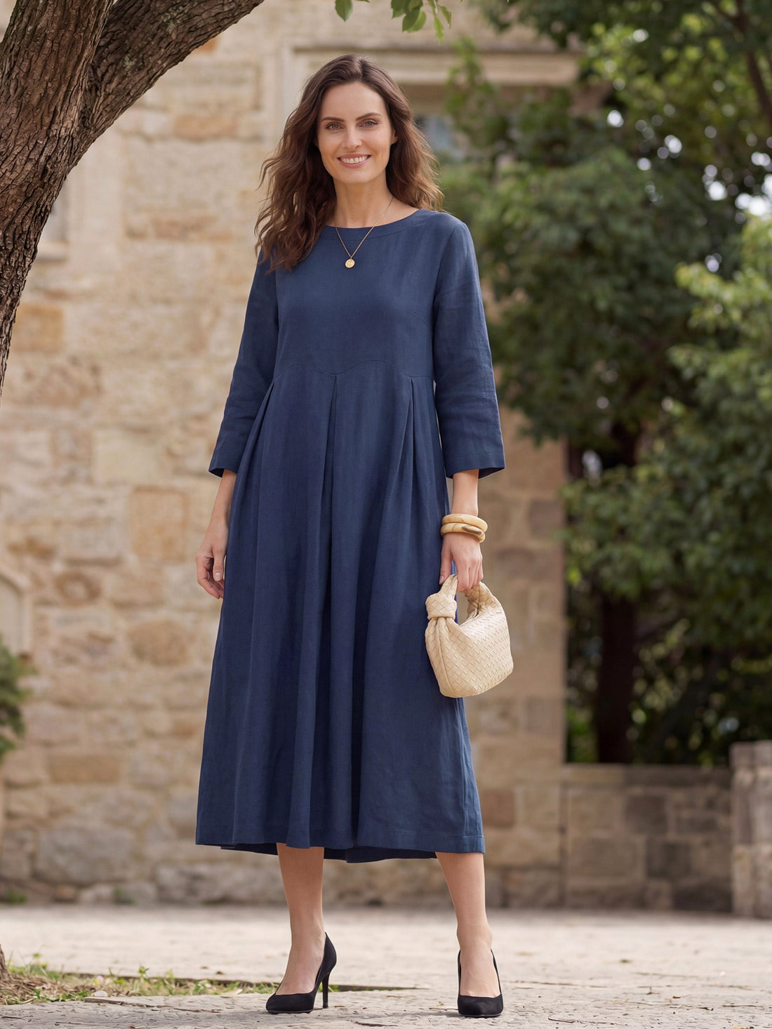 100% Linen Ruched Three-Quarter Sleeve Midi Dress