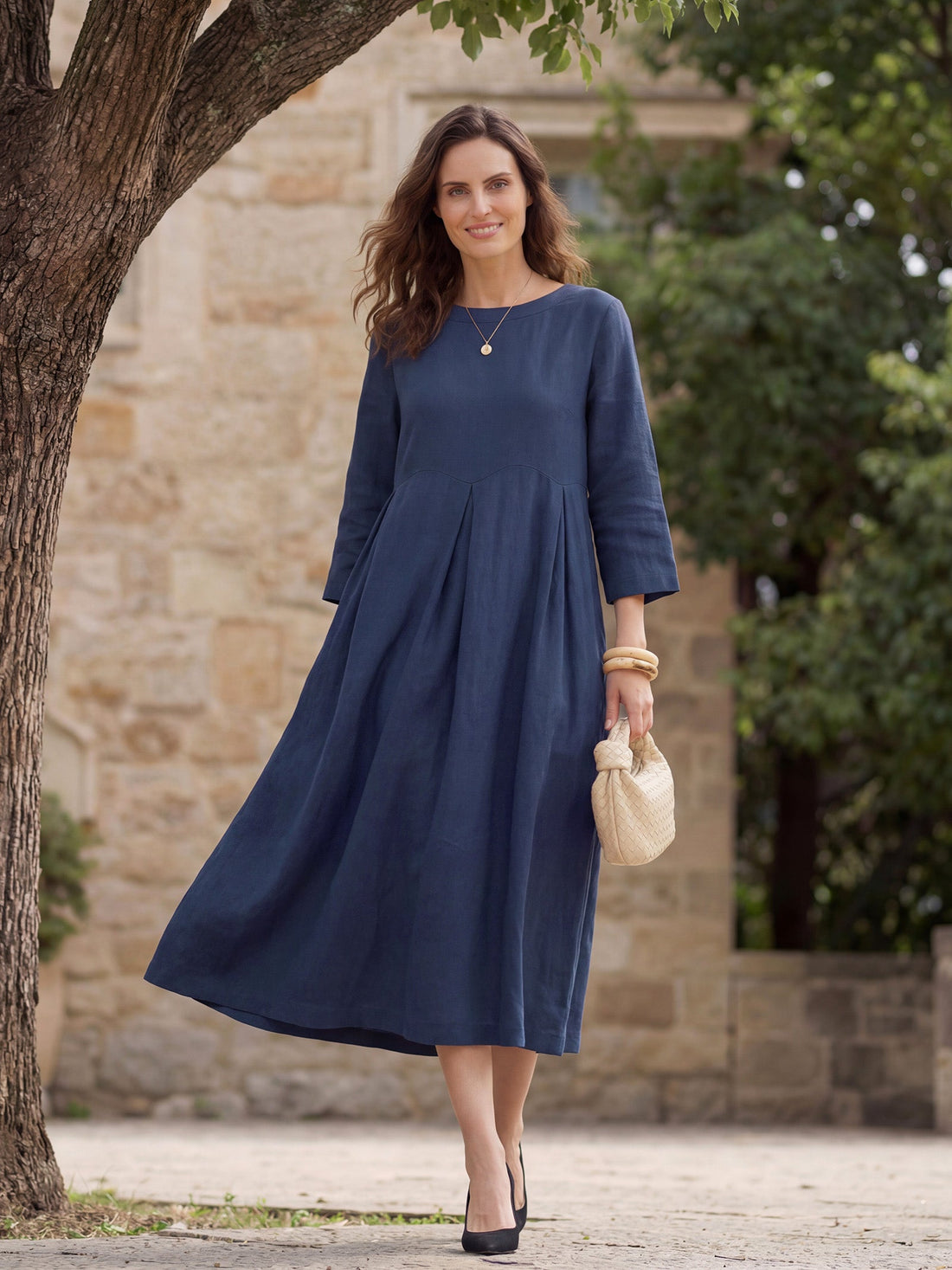 100% Linen Ruched Three-Quarter Sleeve Midi Dress