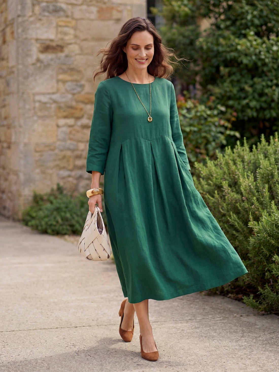 100% Linen Ruched Three-Quarter Sleeve Midi Dress