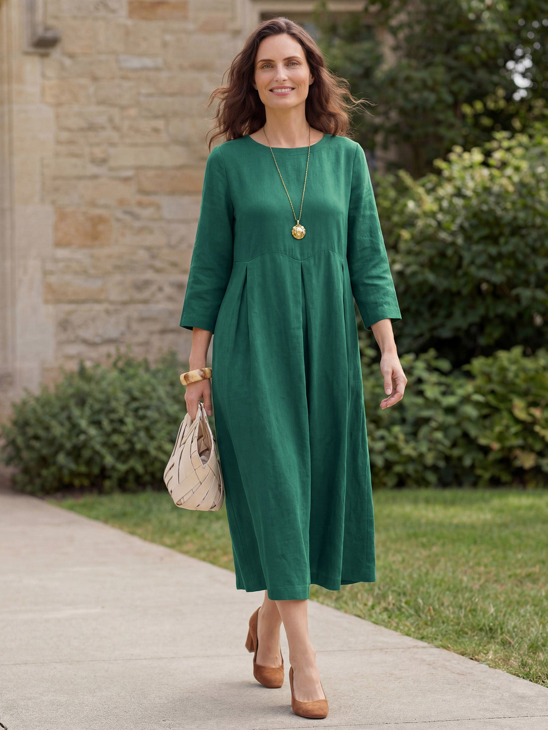 100% Linen Ruched Three-Quarter Sleeve Midi Dress
