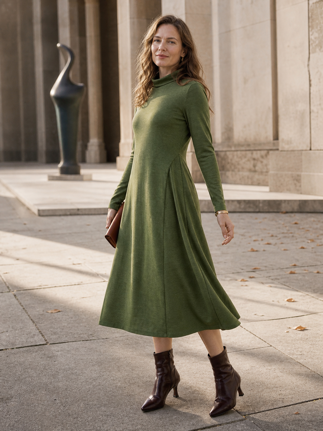 Wool Blend Pleated Midi Dress with Long Sleeves