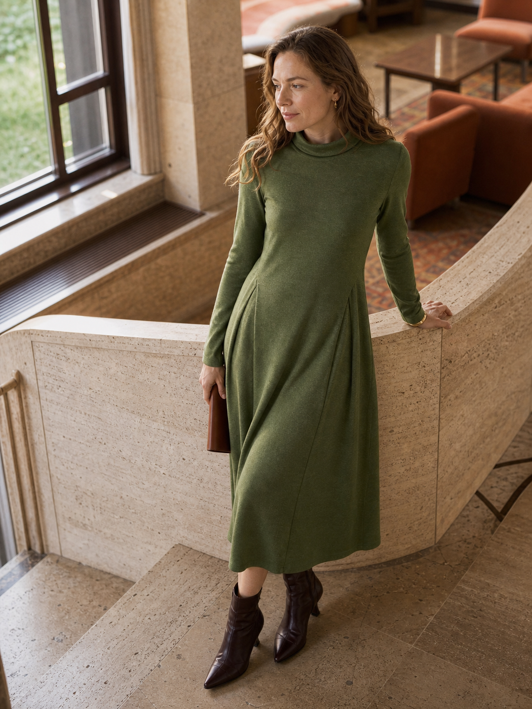 Wool Blend Pleated Midi Dress with Long Sleeves