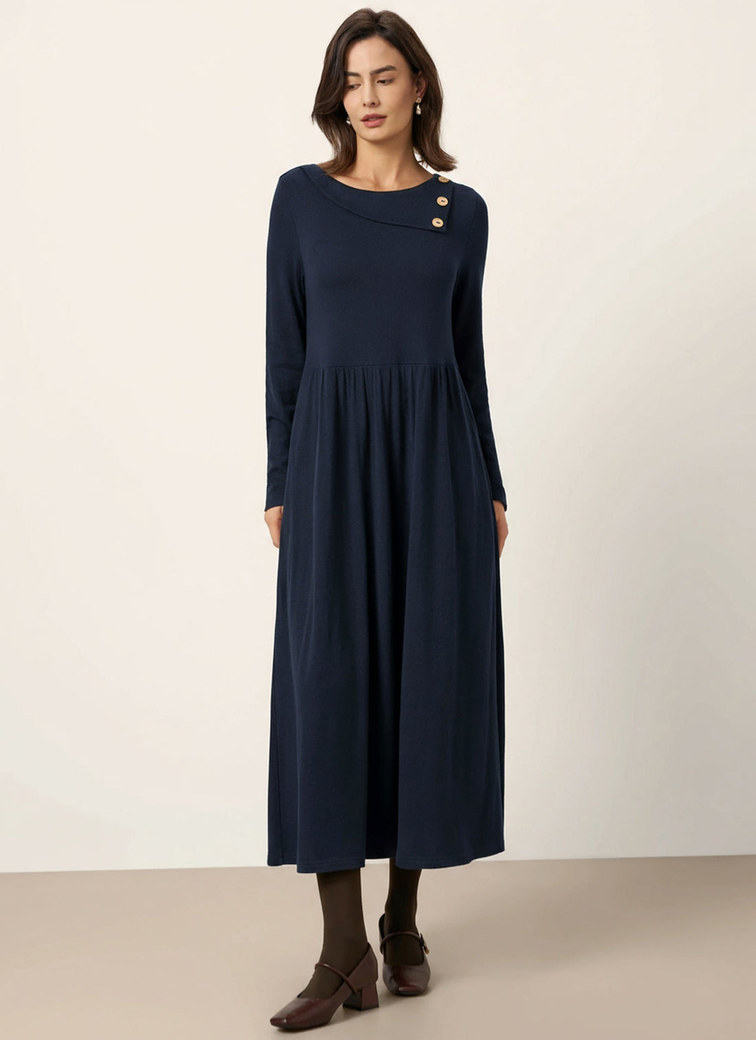 Wool Blend Ruched Long Sleeve Midi Dress