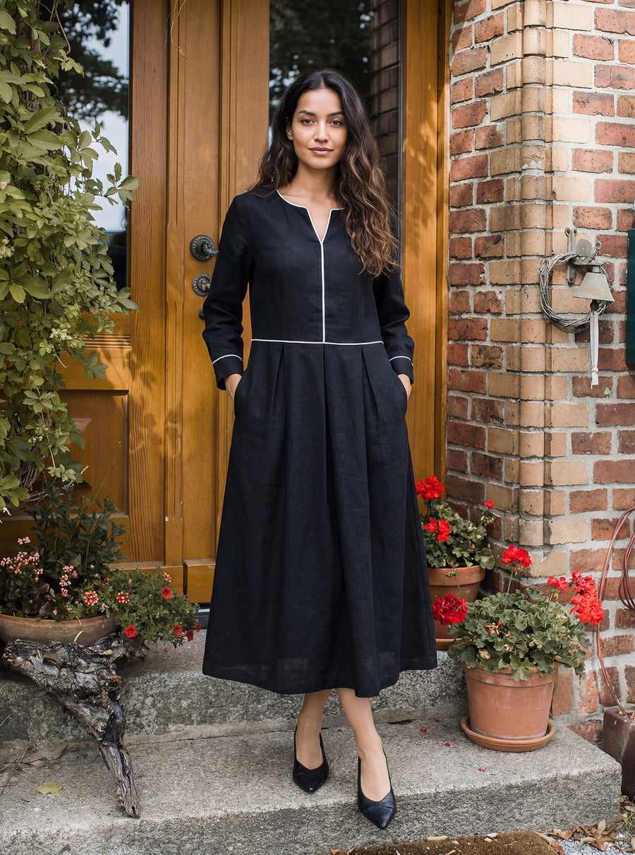 Linen Blend V-Neck Midi Dress with Pockets