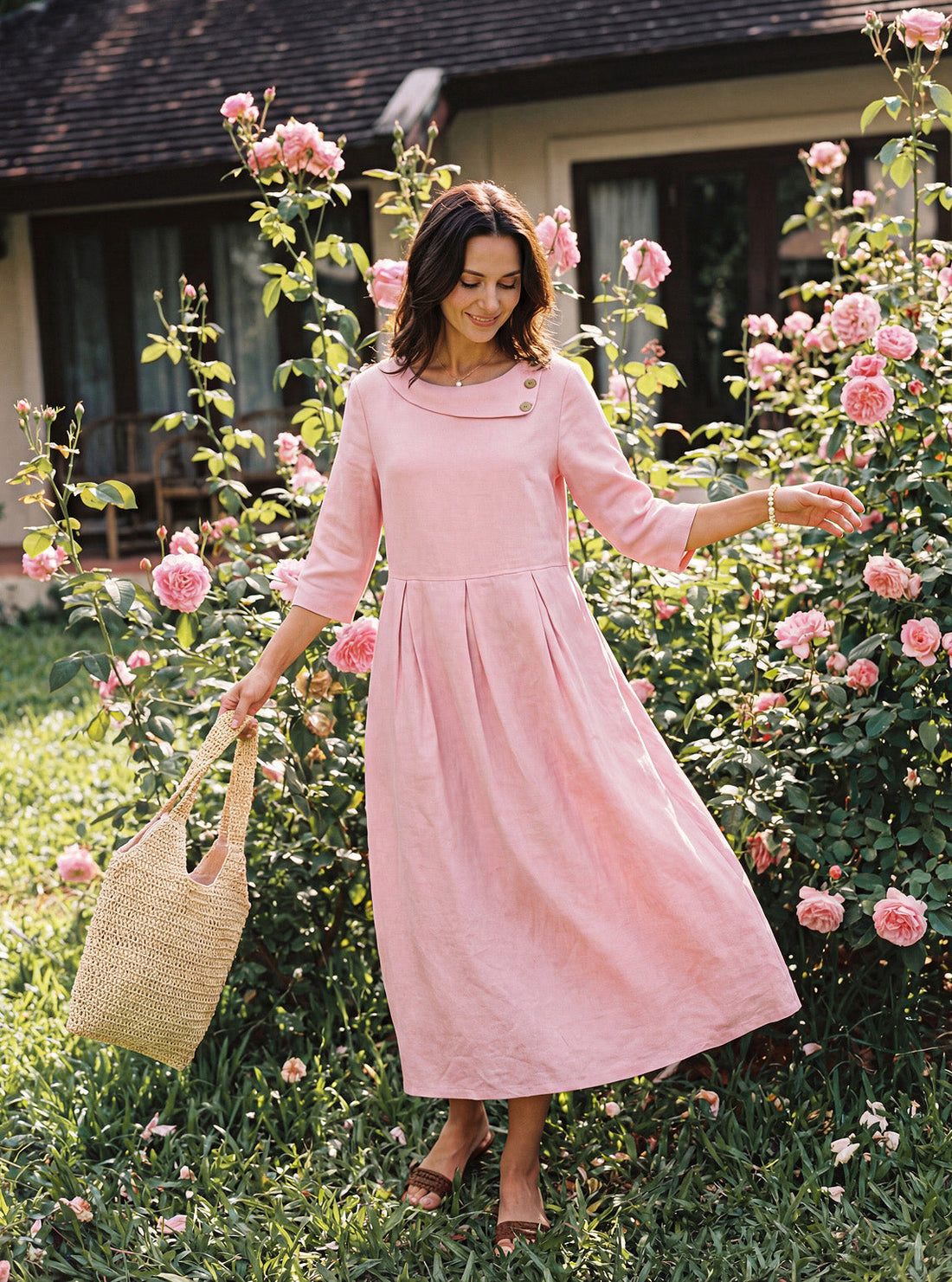 100% Linen Pocketed Three-Quarter Sleeve Midi Dress