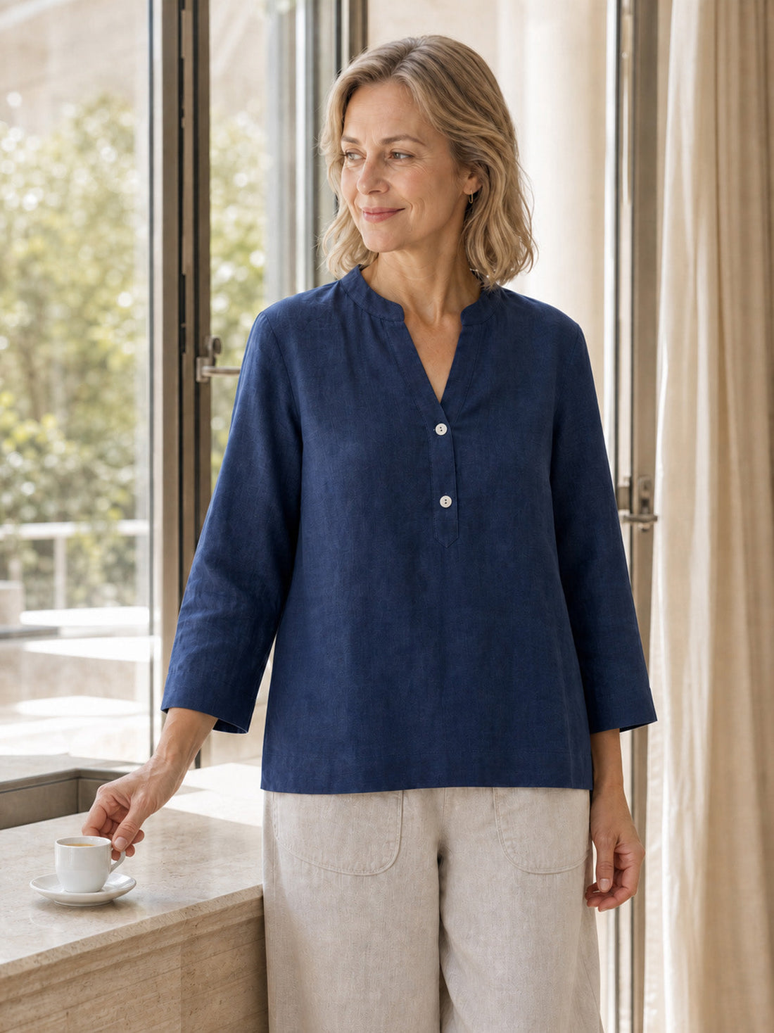 100% Linen Deep V-Neck Blouse With Button Trim