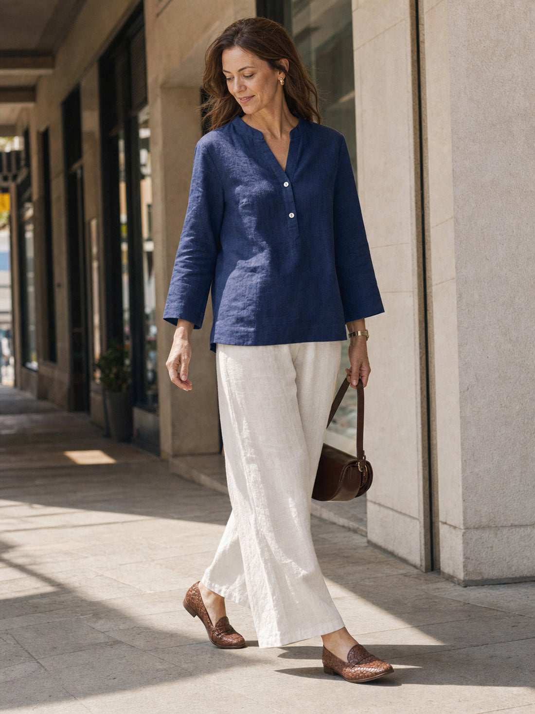 100% Linen Deep V-Neck Blouse With Button Trim